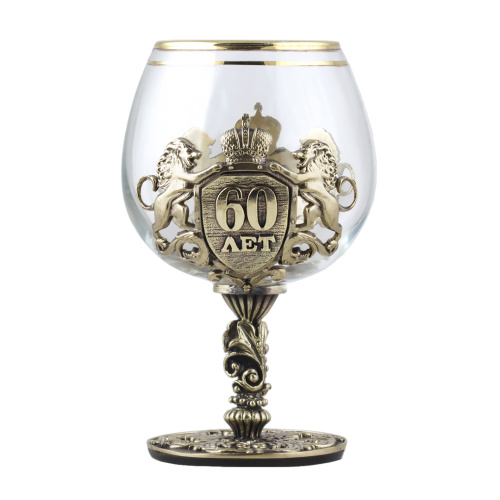 Бокалы - "Elegant Glassware Co" - Бокал для коньяка "Настоящий мужчина С юбилеем! 60 лет" из дерева, стекла, картона и латуни фото 2